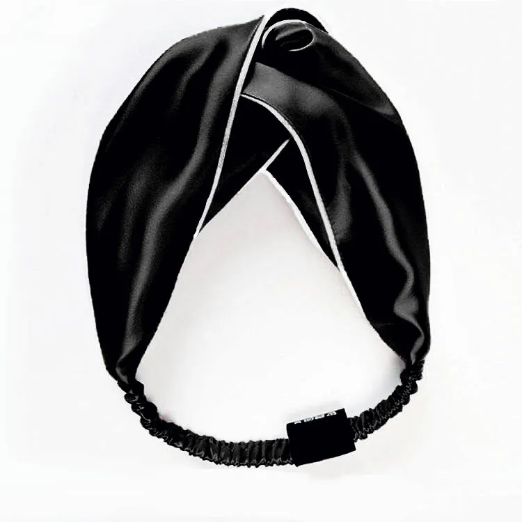 100% Mulberry Silk Elastic Twisted Headband - Black With White Piping