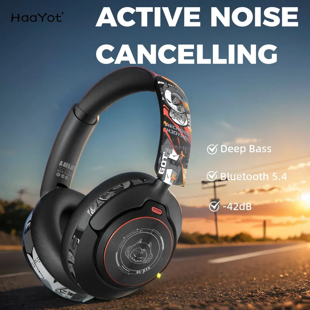 2024 Hand Painted ANC Wireless Headphones Over Ear Active Noise Cancelling Bluetooth 5.4 Headset Deep Bass with Microphones