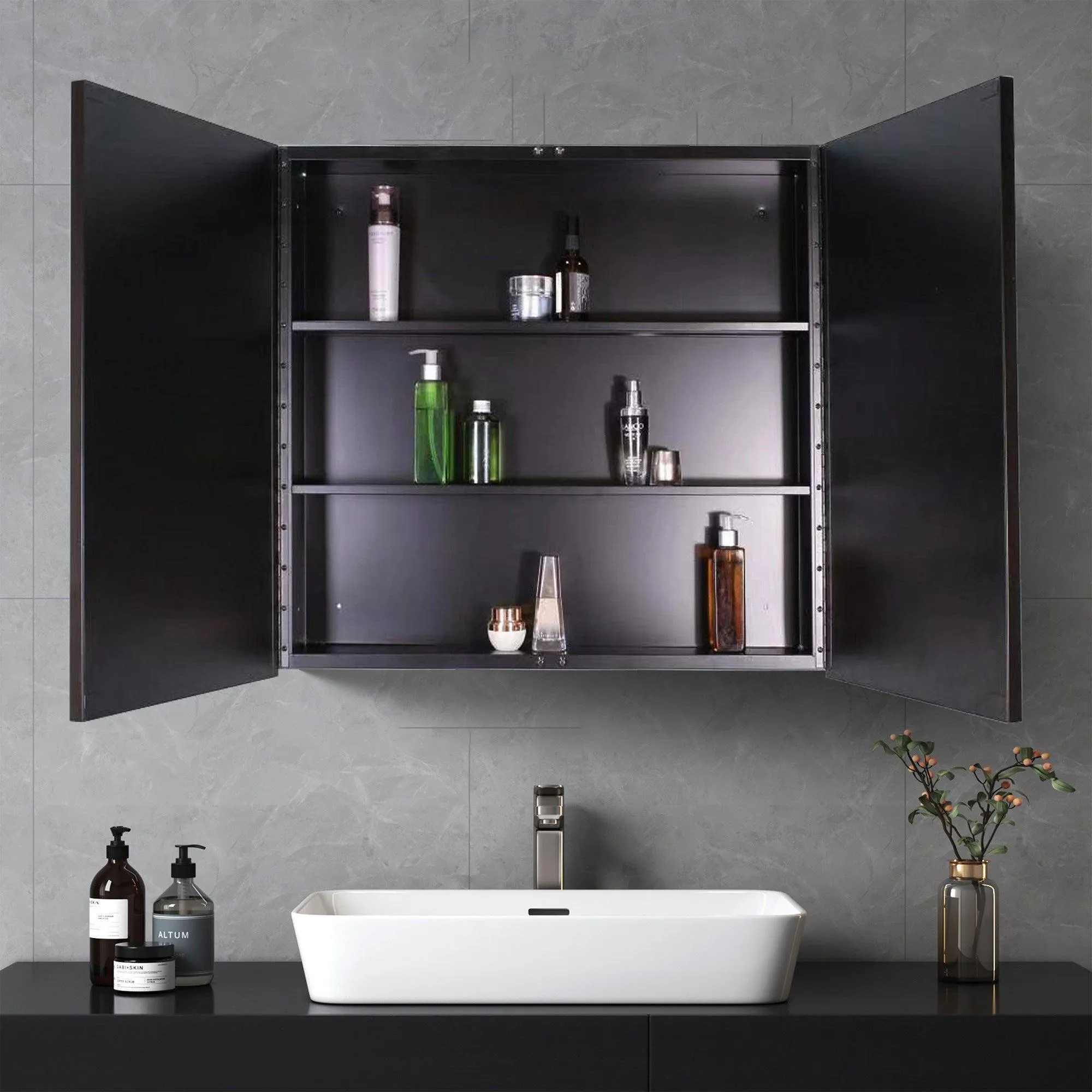 26 in. W x 30 in. H Black Framed Wall Mounted or Recessed Bathroom Double doors Medicine Cabinet with Mirror