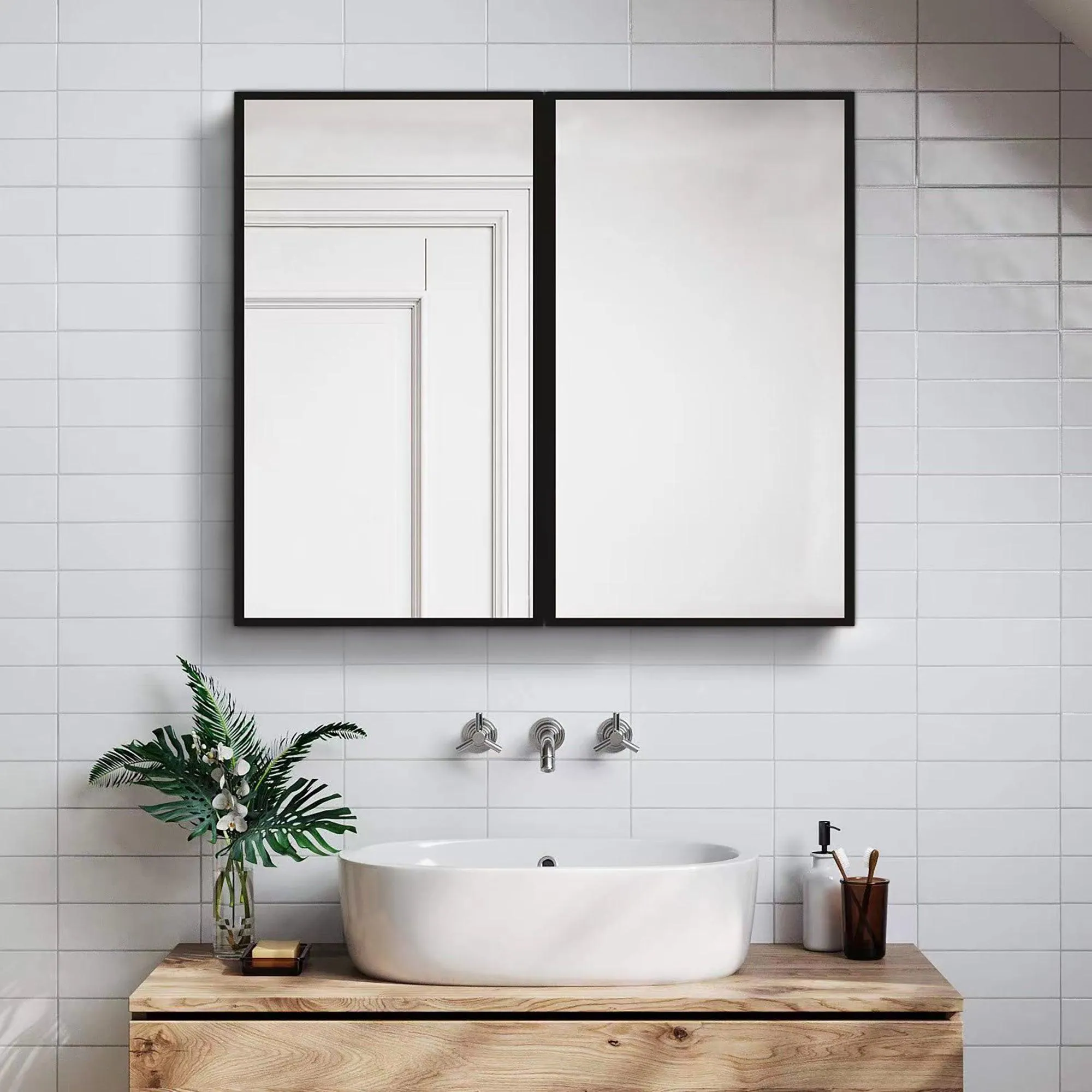 26 in. W x 30 in. H Black Framed Wall Mounted or Recessed Bathroom Double doors Medicine Cabinet with Mirror