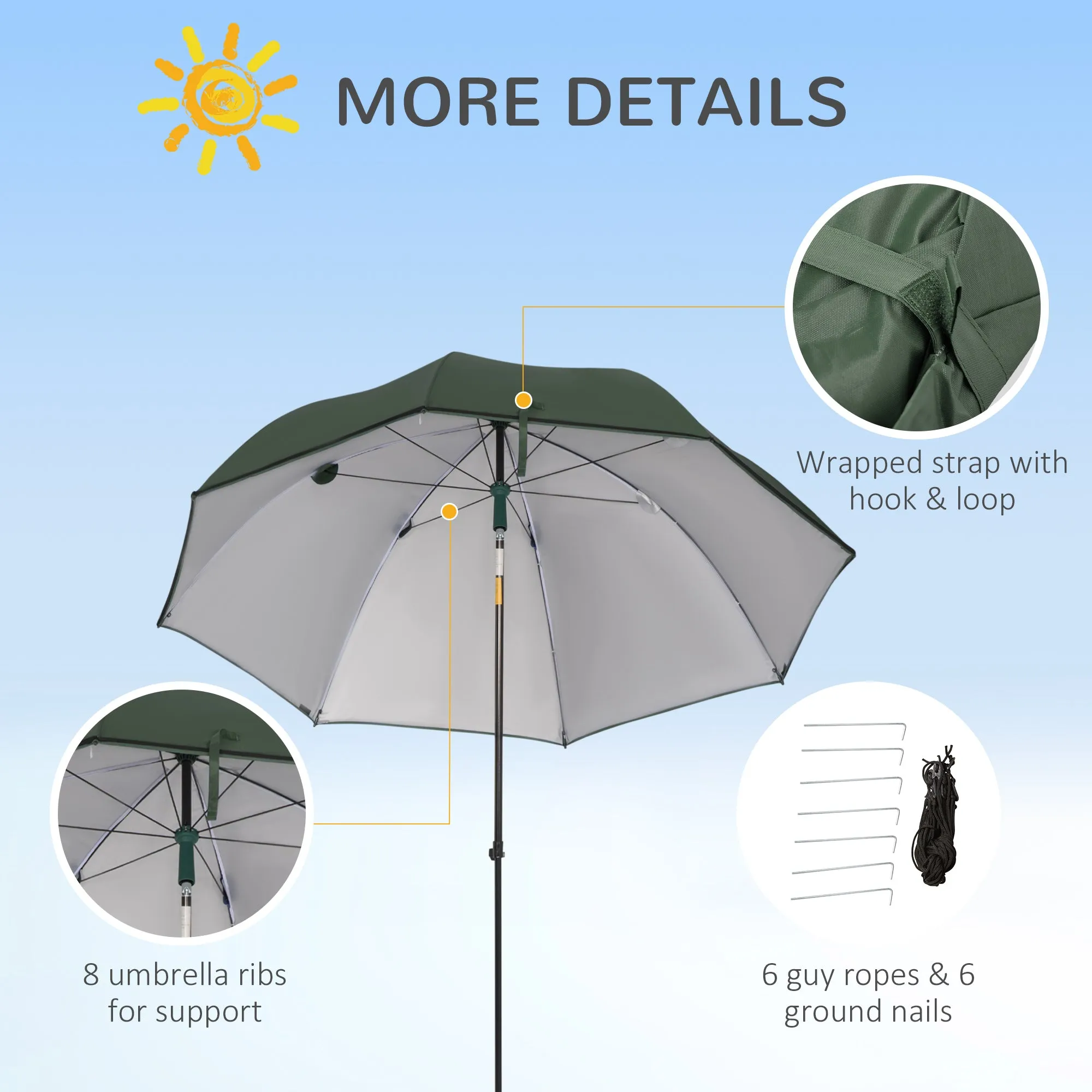 2m Beach Parasol Fishing Umbrella Brolly with Sides and Push Botton Tilt Sun Shade Shelter with Carry Bag, UV30 , Green