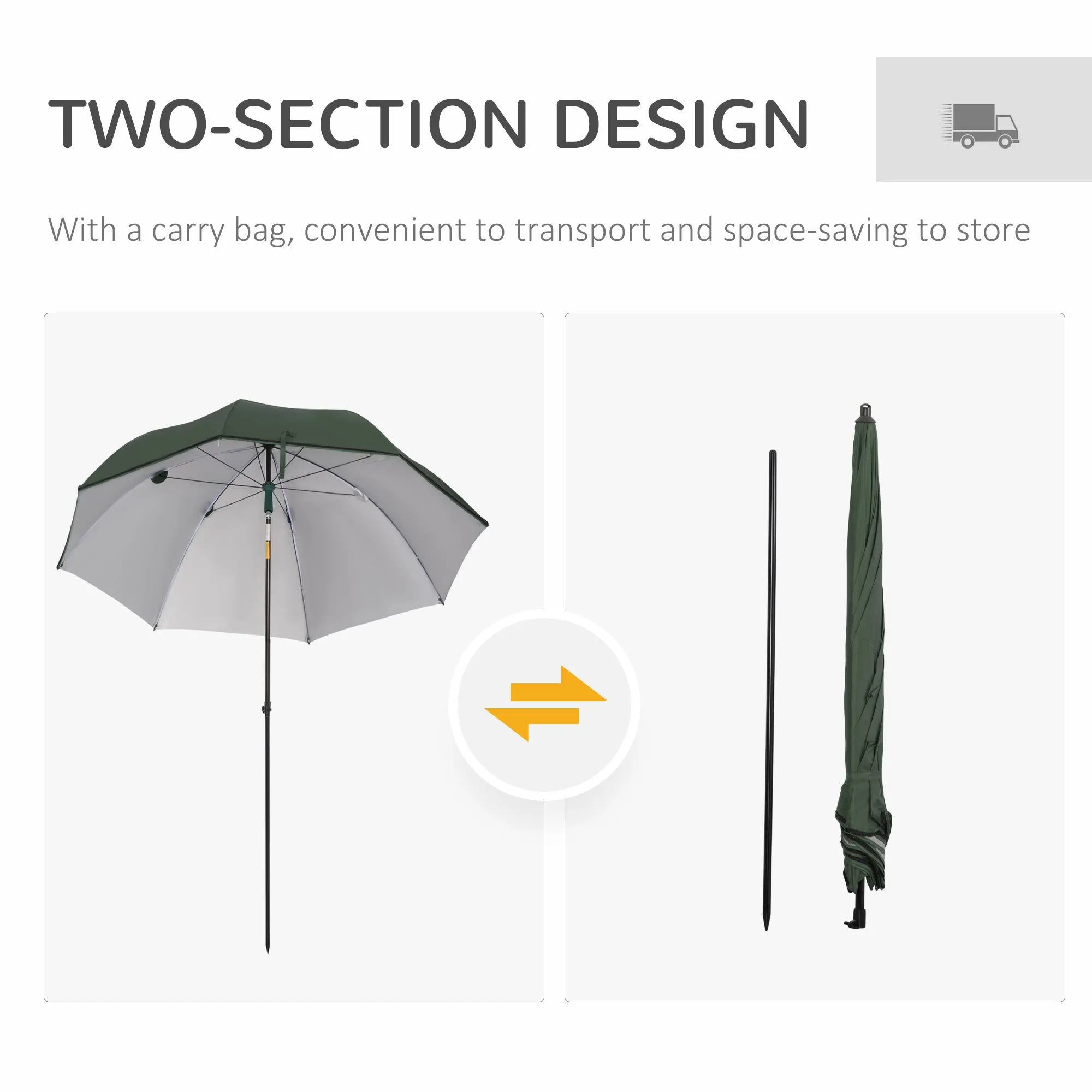 2m Beach Parasol Fishing Umbrella Brolly with Sides and Push Botton Tilt Sun Shade Shelter with Carry Bag, UV30 , Green