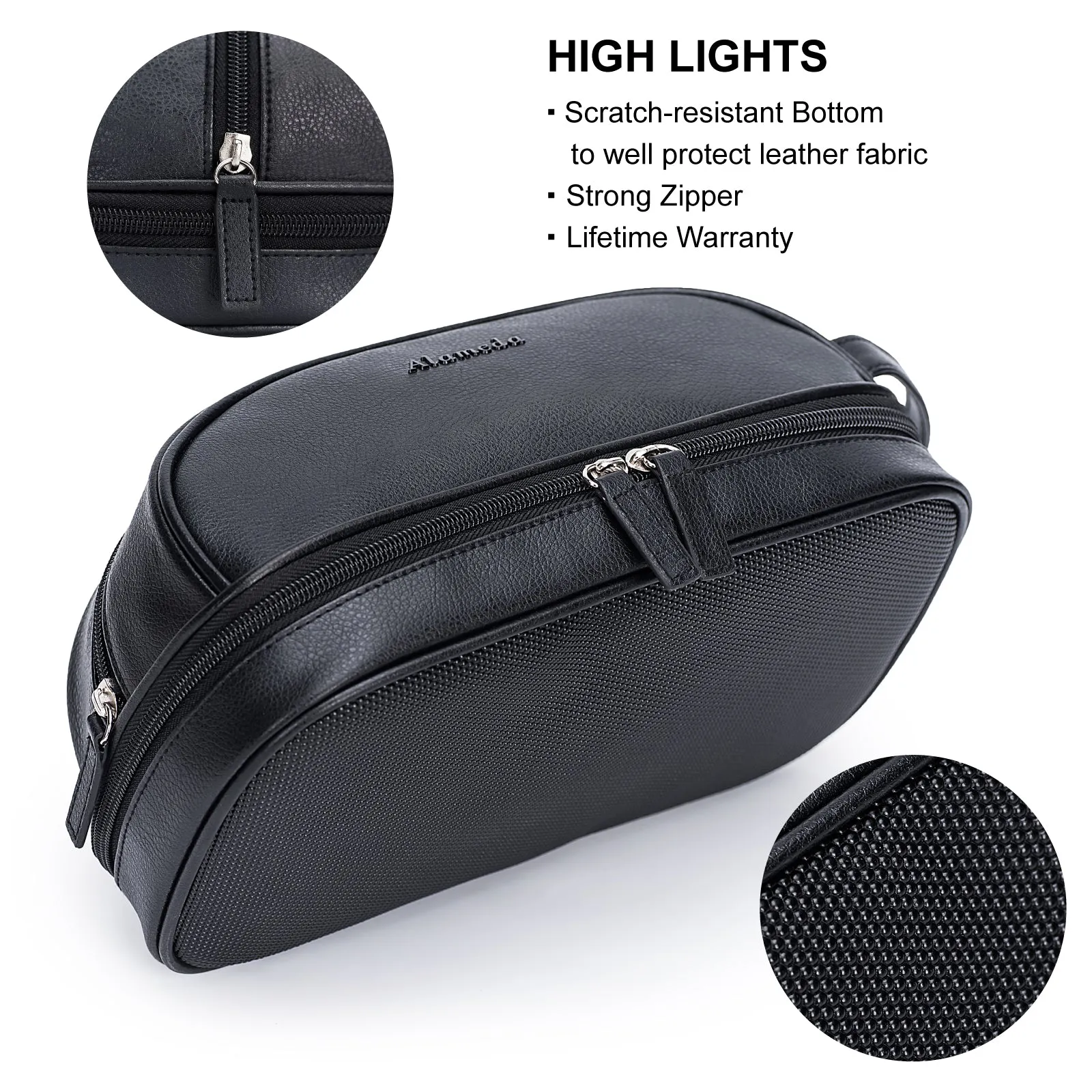 Alameda Toiletry Bag for Men, PU Leather Travel Organizer Shaving Bag Water-resistant Dopp Kit for Toiletries Accessories Black