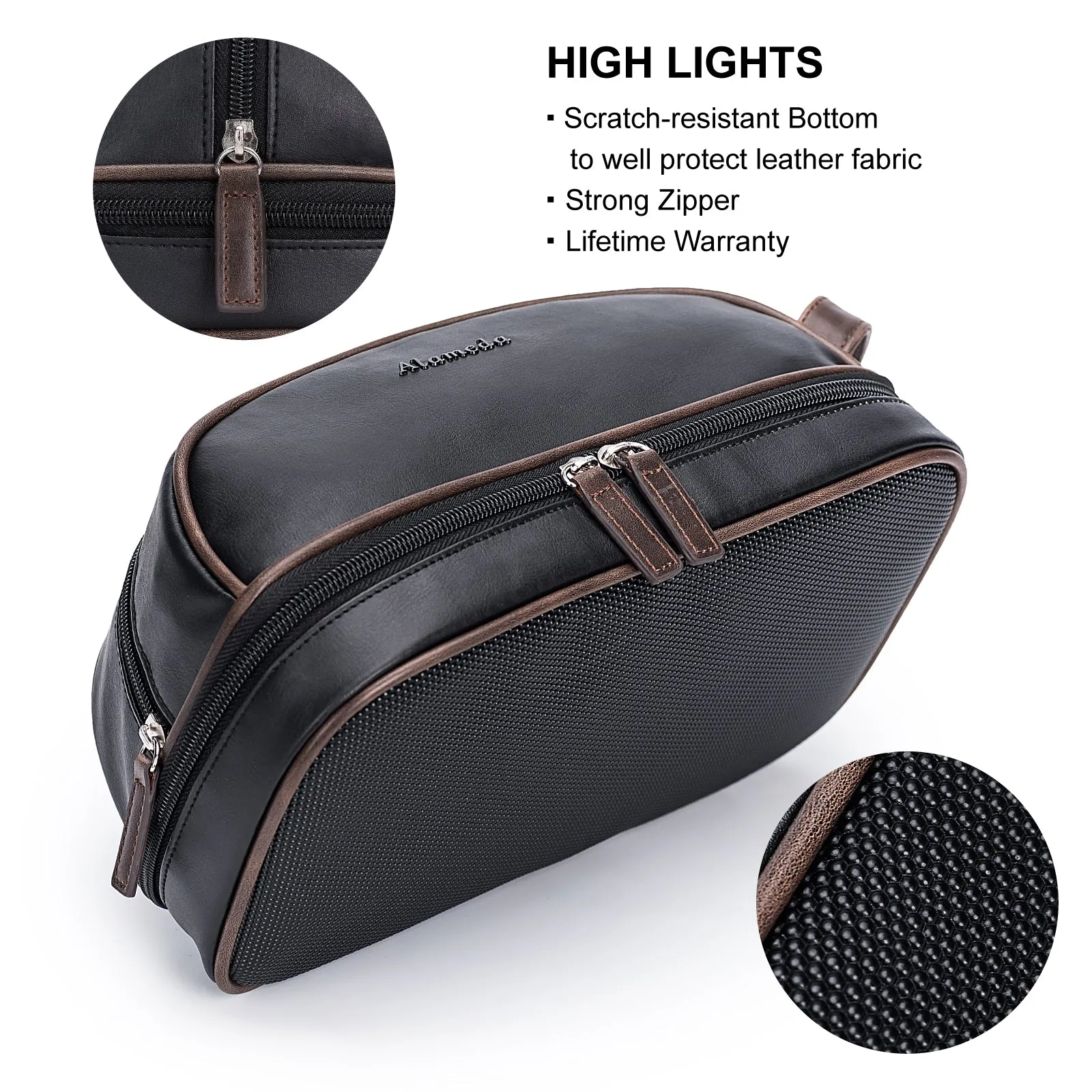 Alameda Toiletry Bag for Men, PU Leather Travel Organizer Shaving Bag Water-resistant Dopp Kit for Toiletries Accessories Black