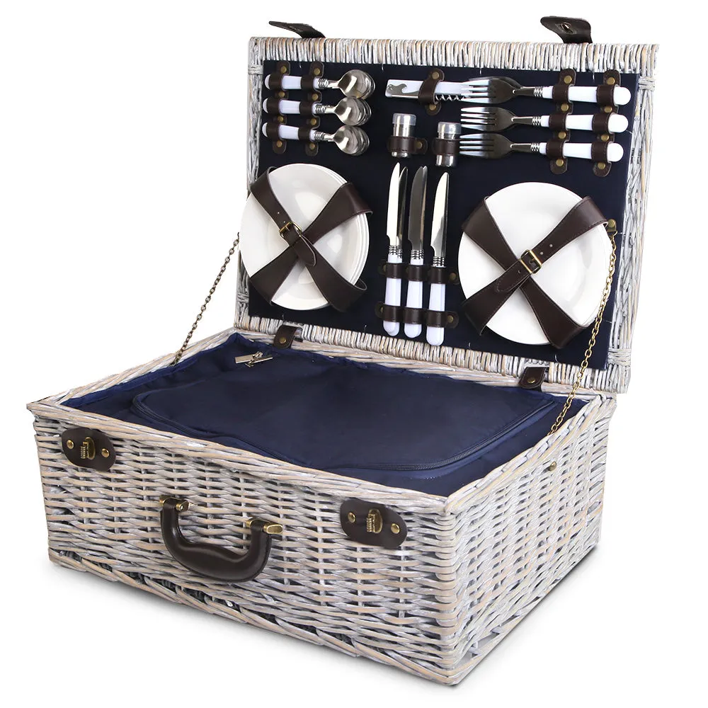 Alfresco 6 Person Picnic Basket Set Cooler Bag Wicker PU Fastening Straps Plates