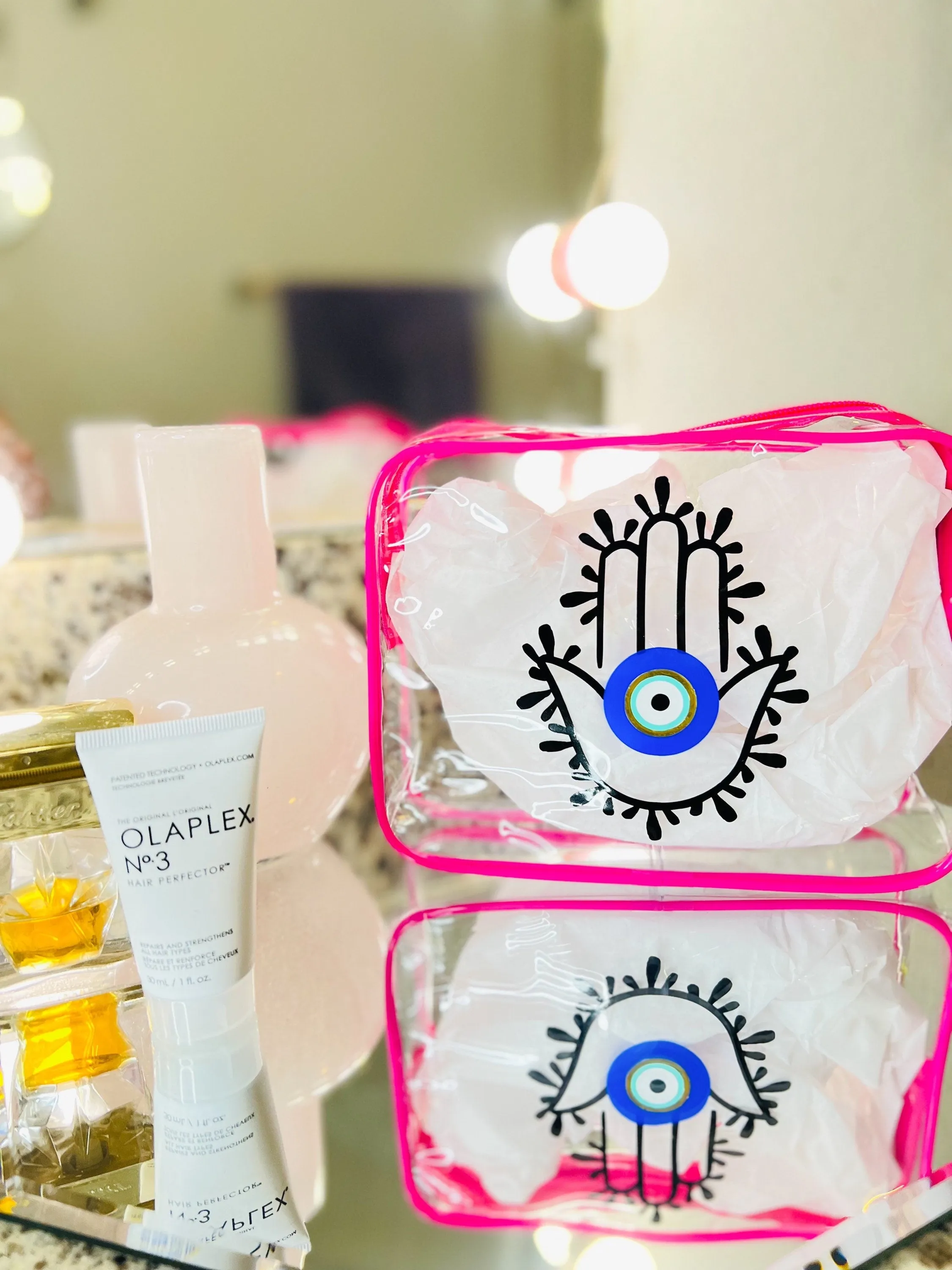 Amida Eye Makeup Bag, Evil Eye Makeup Bag, Hamsa Hand Makeup Bag, Pink Custom Makeup Bag