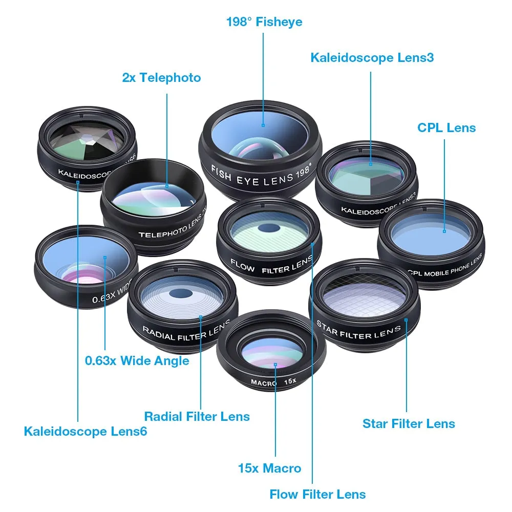 APEXEL Phone lens kit universal 10 in 1 Fisheye Wide Angle macro Lens CPL Filter Kaleidoscope 2X telescope Lens for smartphone