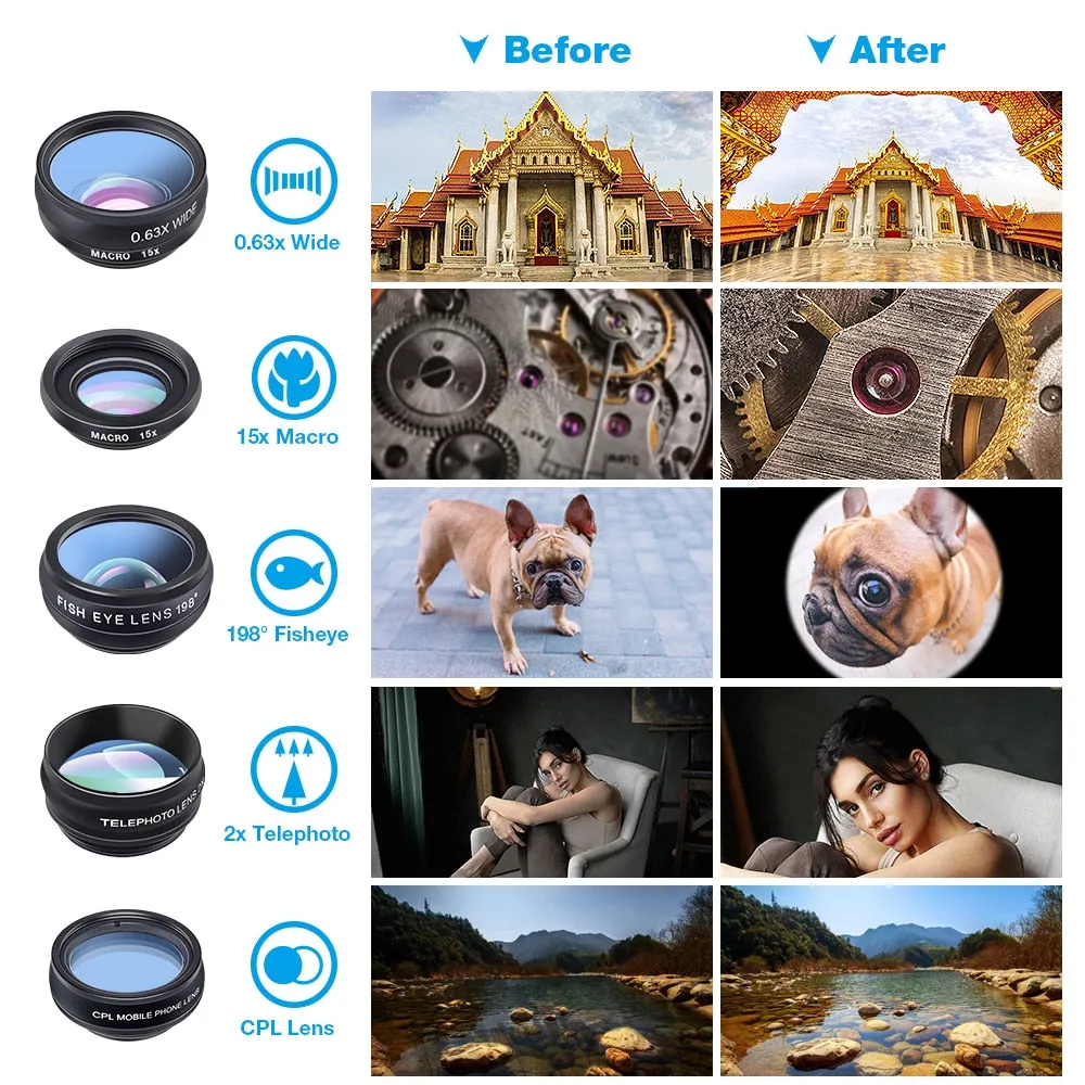 APEXEL Phone lens kit universal 10 in 1 Fisheye Wide Angle macro Lens CPL Filter Kaleidoscope 2X telescope Lens for smartphone