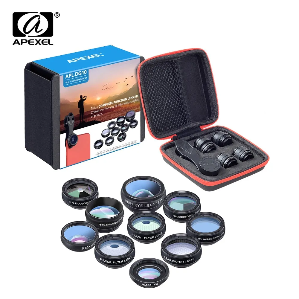 APEXEL Phone lens kit universal 10 in 1 Fisheye Wide Angle macro Lens CPL Filter Kaleidoscope 2X telescope Lens for smartphone