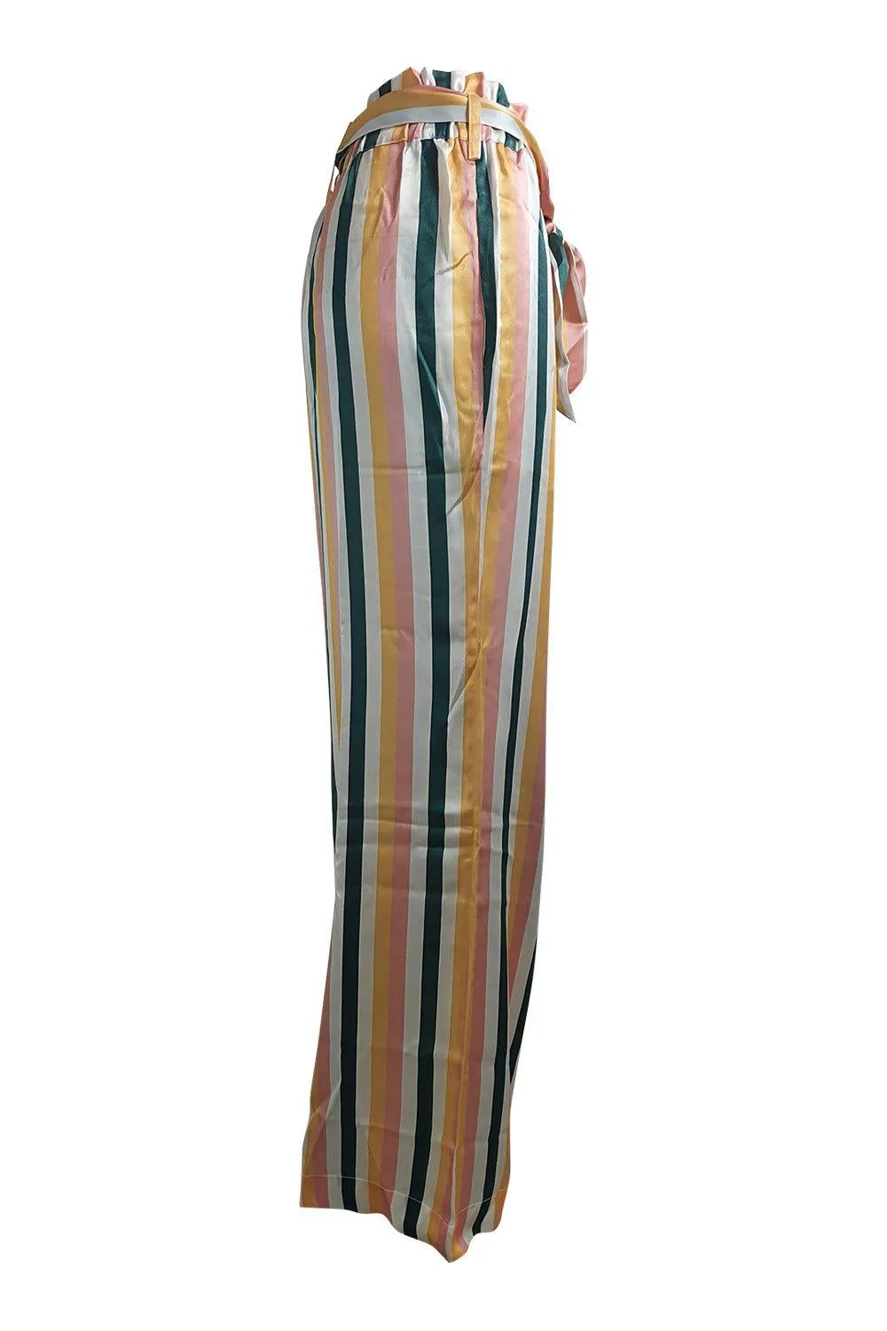 ASCENO 100% Silk Multi Stripe Wide Leg Palazzo Pants (M)