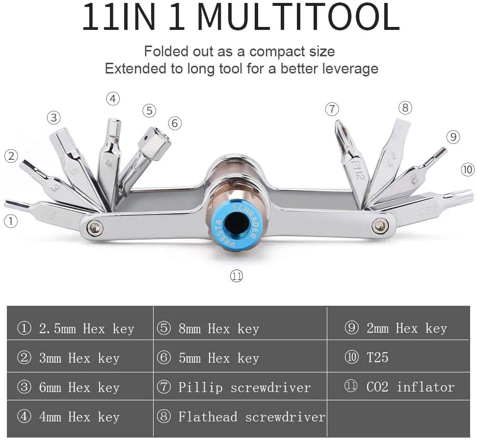 Bike Tool Mini 11/16 in 1 Multi-Tool - Chain Tool/Torx/Hex/Screwdriver Bicycle Multitool Kit - Cycling Mechanic Repair Tools with CO2 Inflat