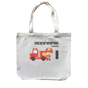 Birthday Firefighter Boy With Firetruck Addname Turns 1 Canvas Bag