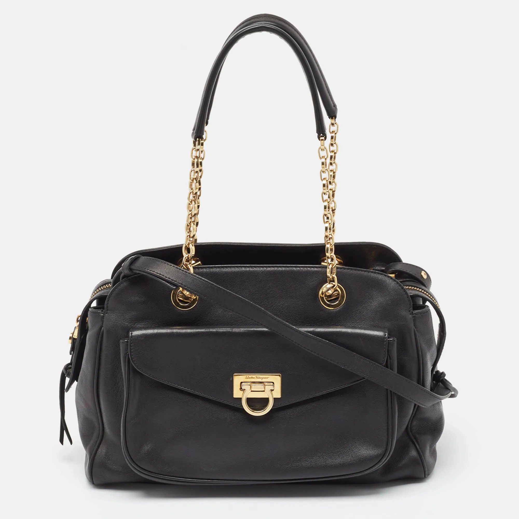 Black Leather Aline Smooth Shoulder Bag