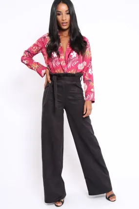 Black Suedette Paper Bag Tie Waist Wide Leg Trousers - Kennedy