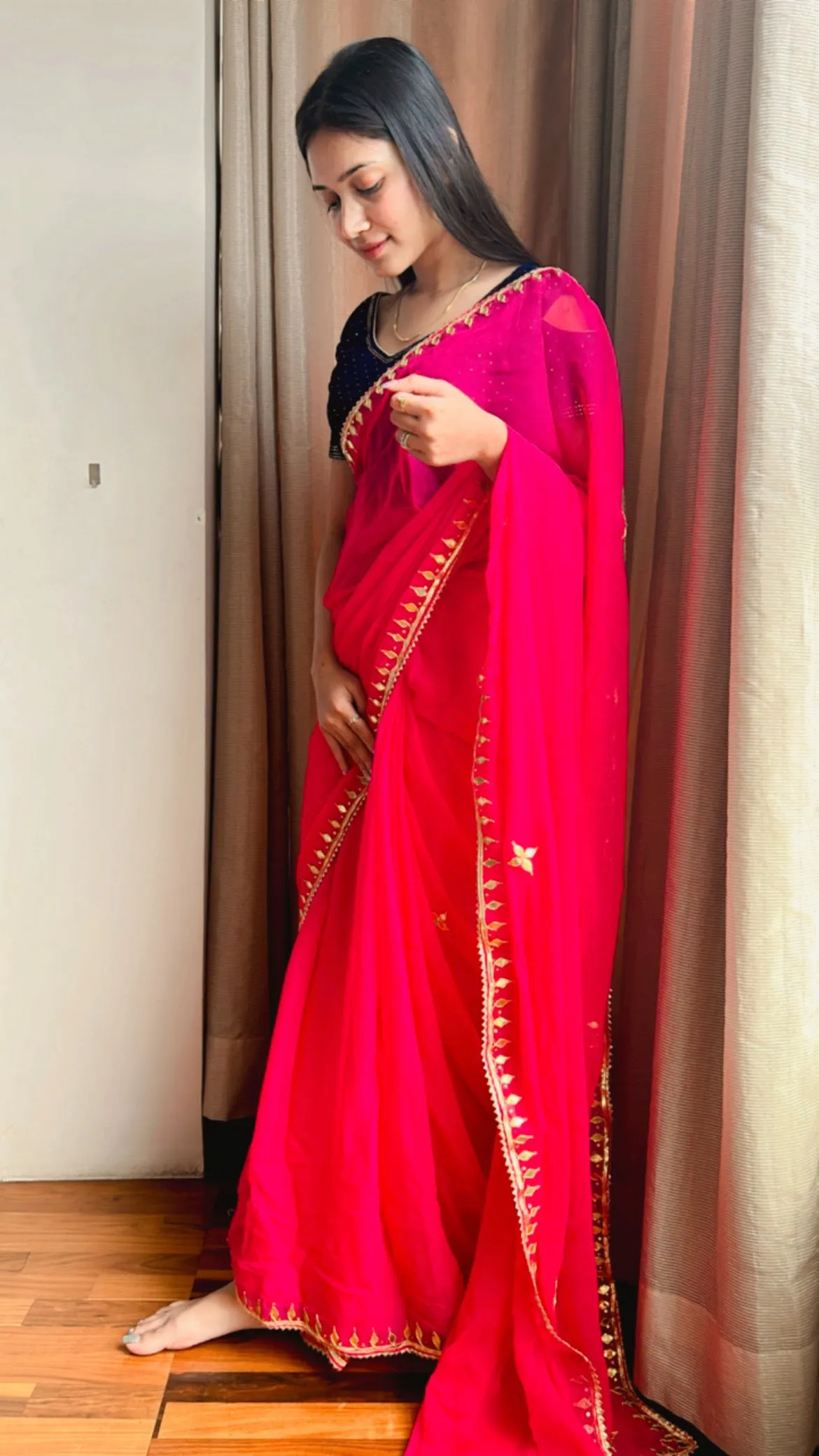 Bold Pink Gota work Chiffon Saree