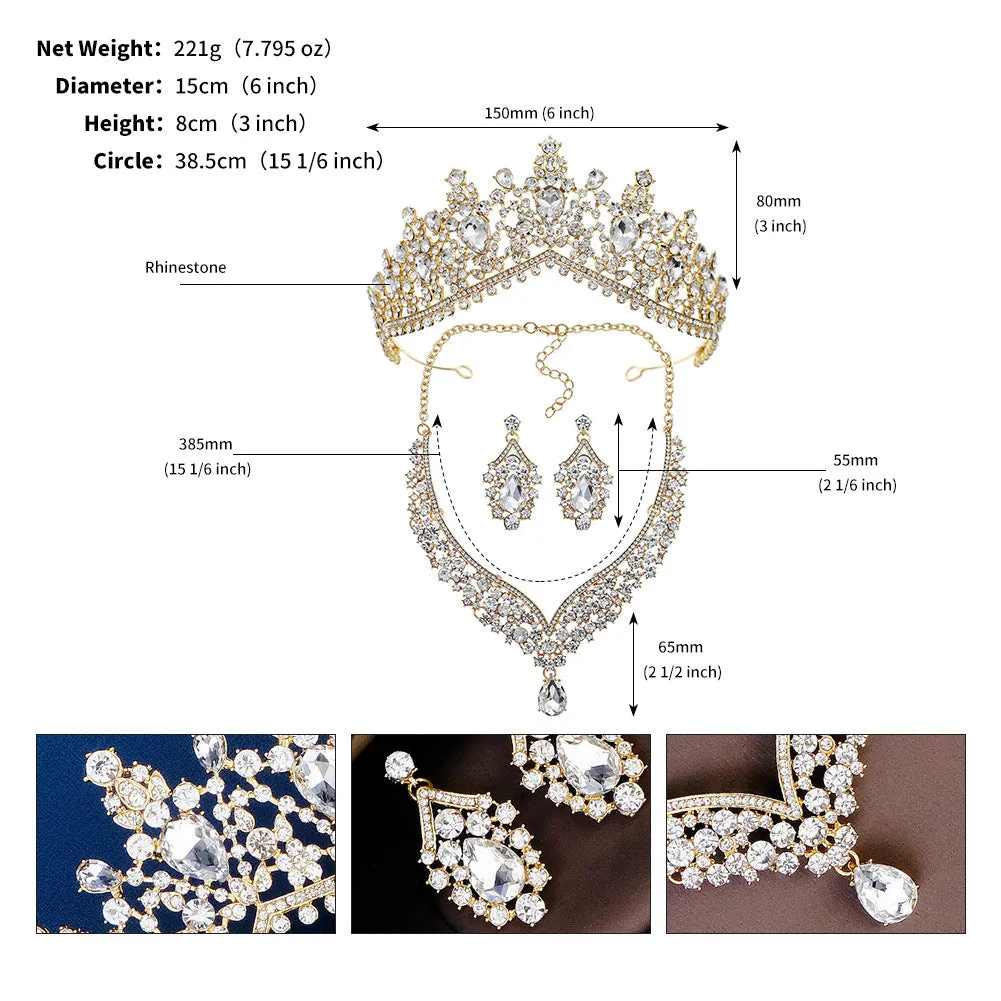 Bride crown earrings necklace three-piece wedding dress accessories noble luxury rhinestone crown set