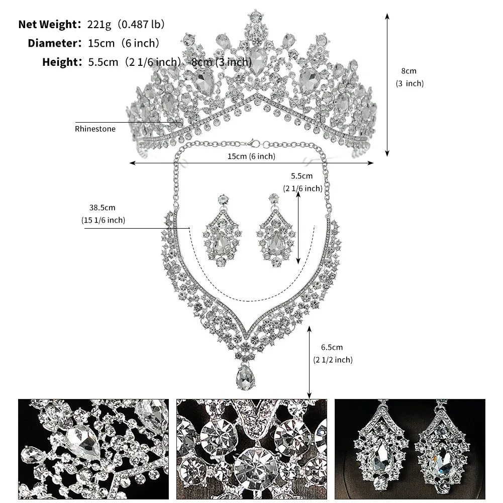 Bride crown earrings necklace three-piece wedding dress accessories noble luxury rhinestone crown set