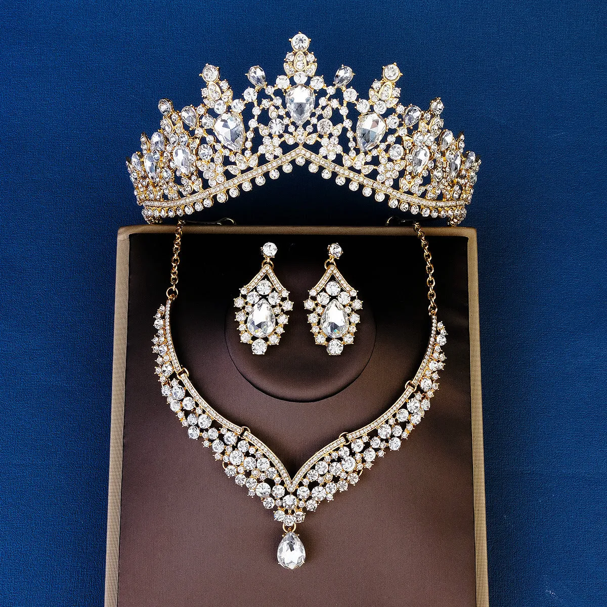 Bride crown earrings necklace three-piece wedding dress accessories noble luxury rhinestone crown set