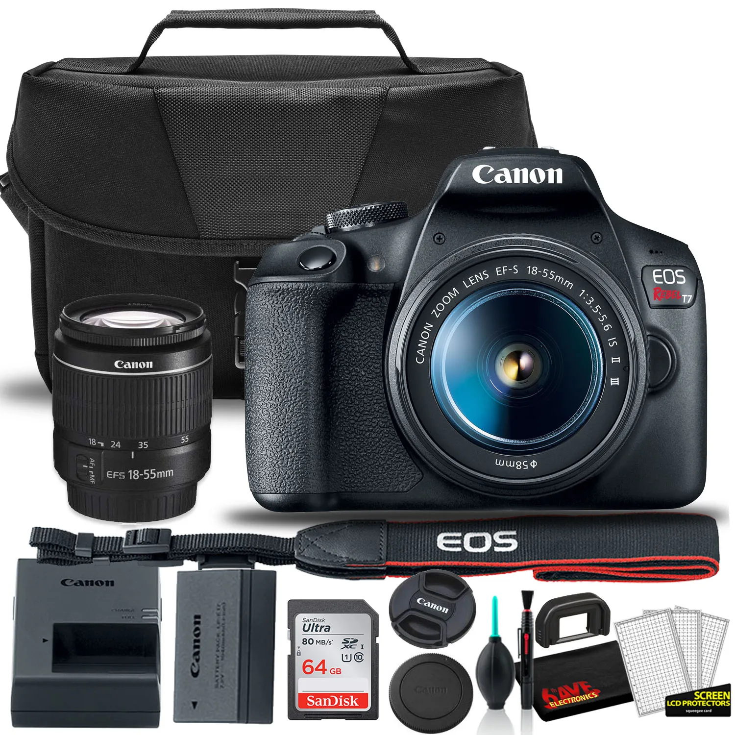 Canon EOS Rebel T7 DSLR Camera with 18-55mm Lens Starter Bundle    Includes: EOS Bag    Sandisk Ultra 64GB Card   Clean and Care Kit   More