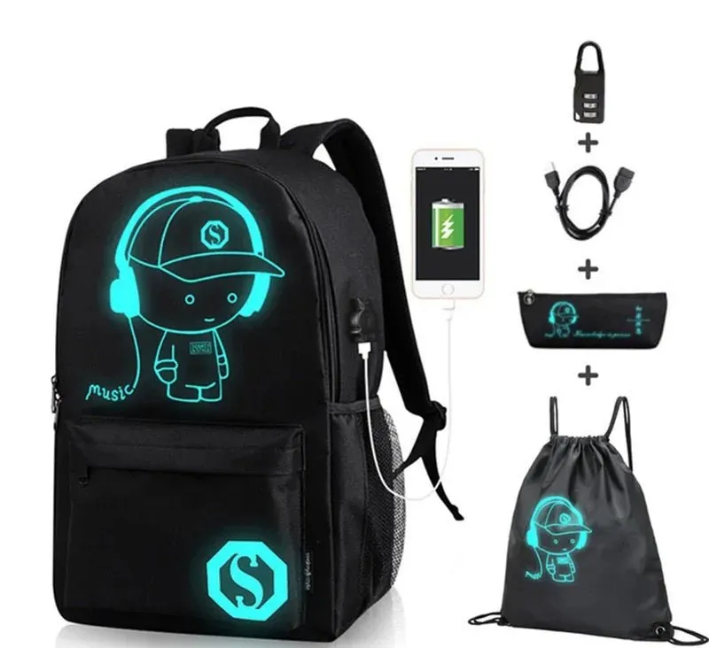 Cartoon-Inspired Luminous School Backpack – Stylish Daypack with USB Charging Port & Secure Lock for Boys and Girls (Under 15.6 inches)