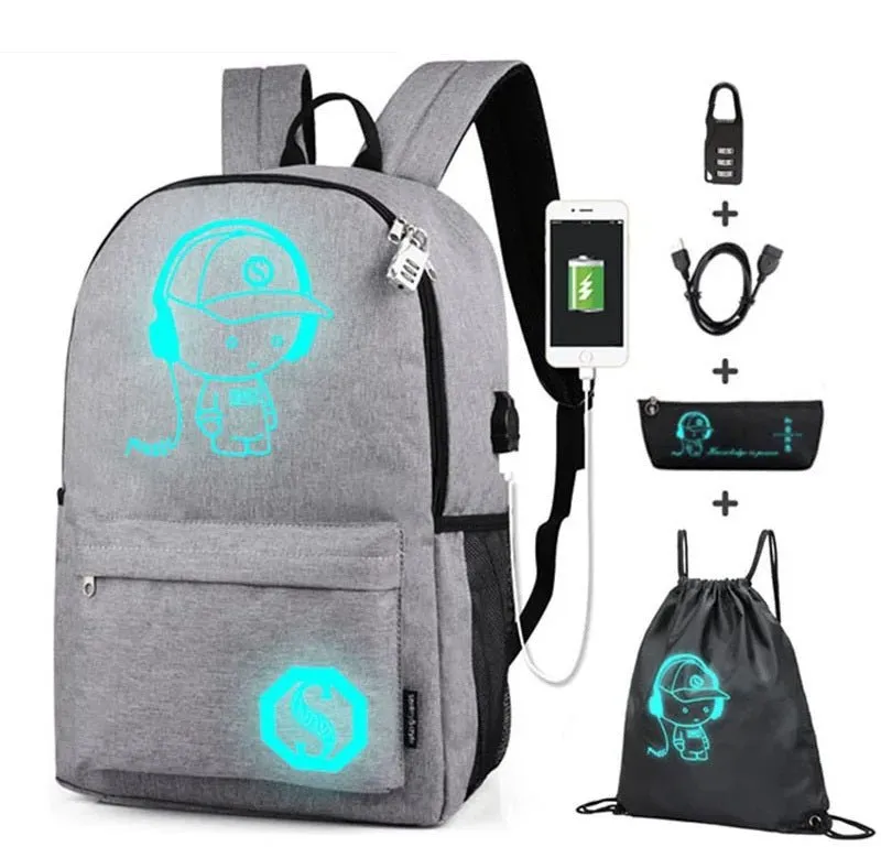 Cartoon-Inspired Luminous School Backpack – Stylish Daypack with USB Charging Port & Secure Lock for Boys and Girls (Under 15.6 inches)