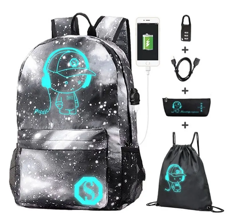 Cartoon-Inspired Luminous School Backpack – Stylish Daypack with USB Charging Port & Secure Lock for Boys and Girls (Under 15.6 inches)