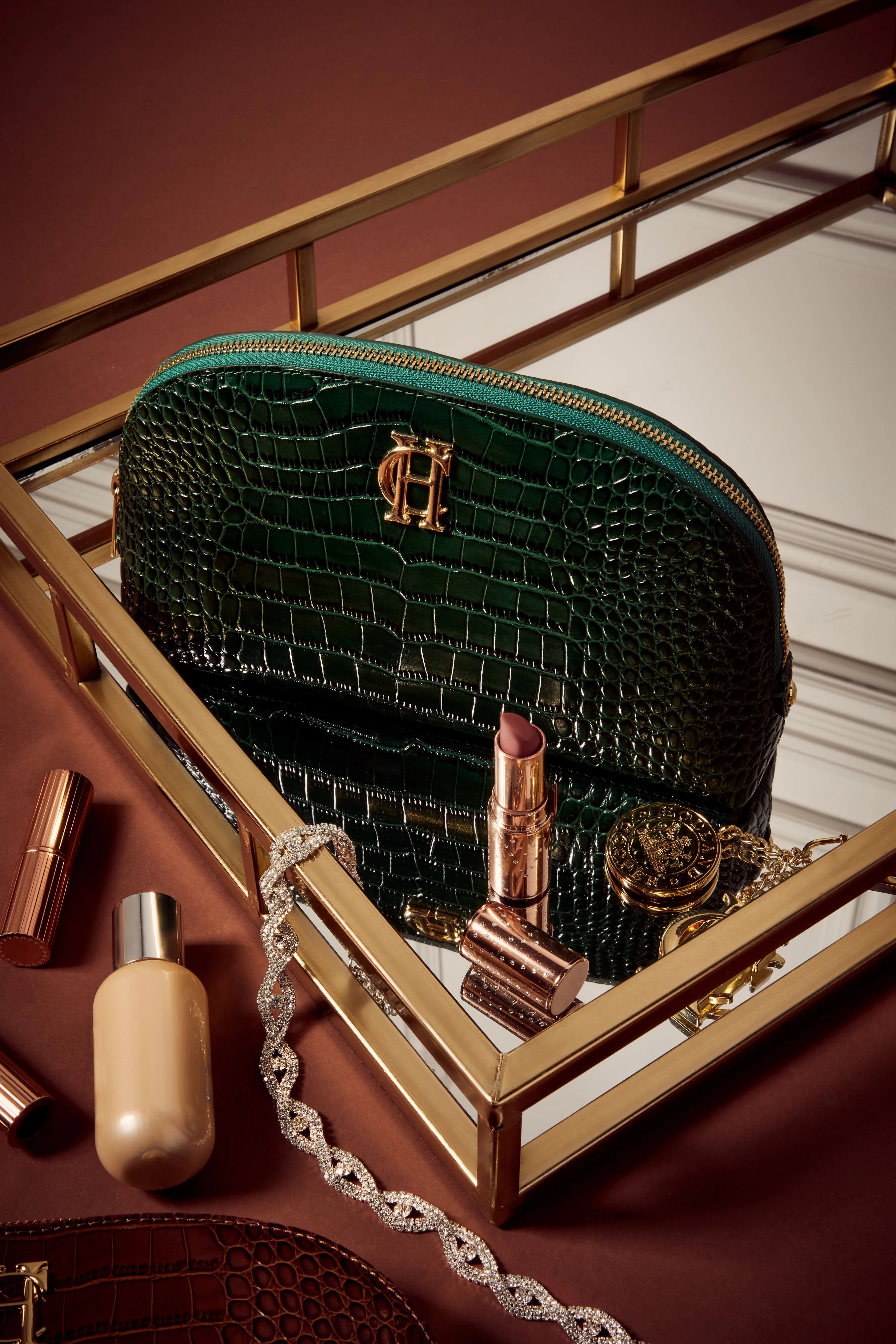 Chelsea Makeup Bag (Emerald Croc)