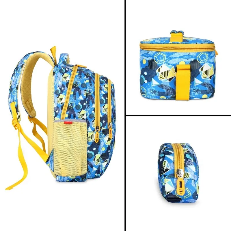 Combo: THE CLOWNFISH Fuel & Focus Printed 30 L School Backpack | Pencil Pouch & Lunch Bag | Light Blue