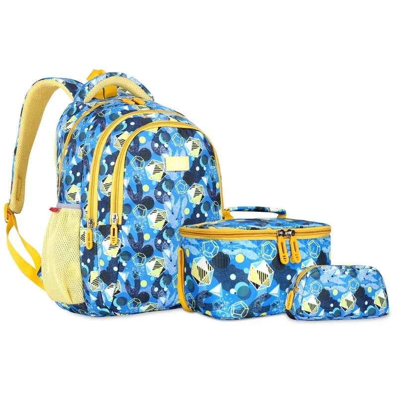 Combo: THE CLOWNFISH Fuel & Focus Printed 30 L School Backpack | Pencil Pouch & Lunch Bag | Light Blue