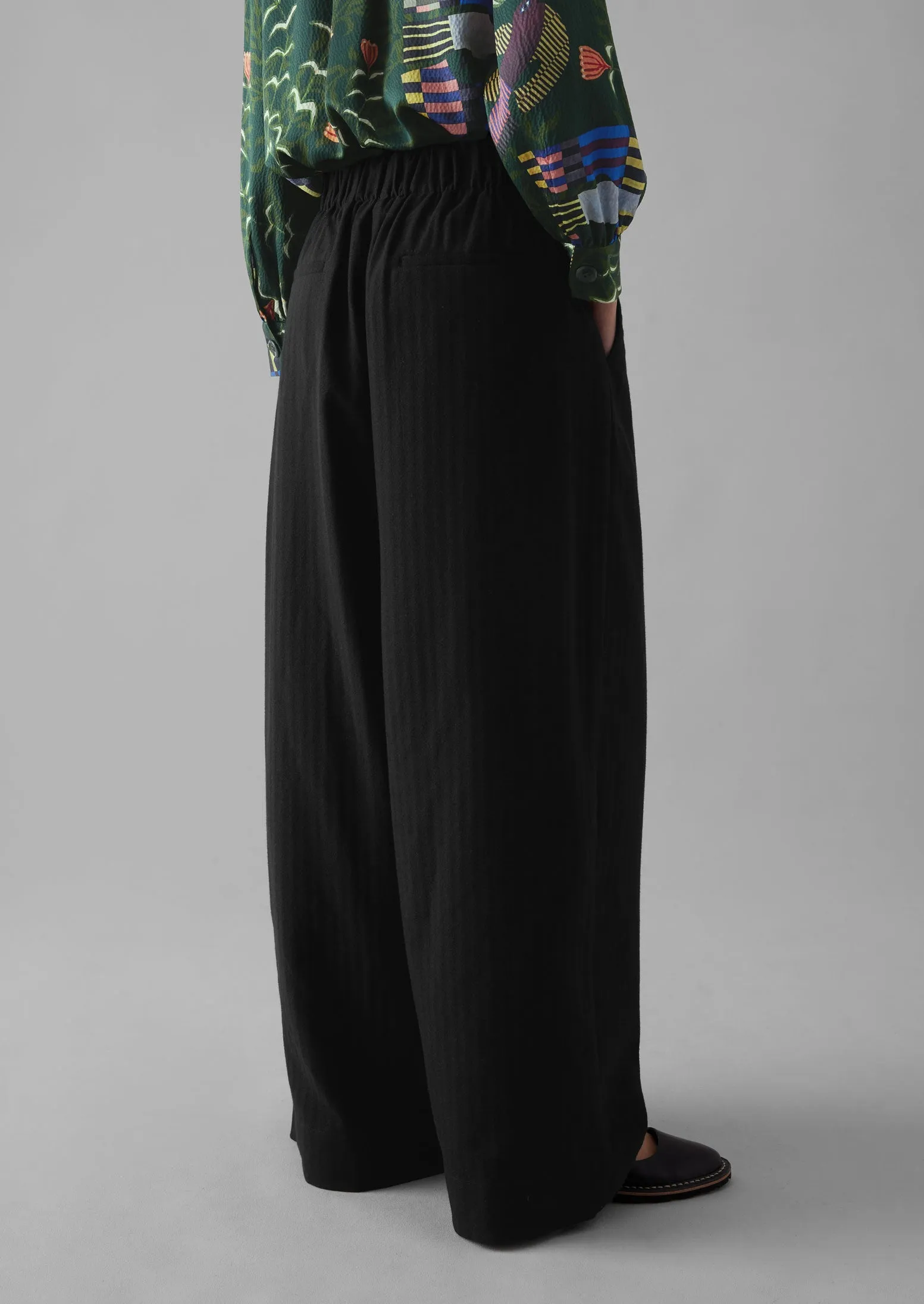 Corinne Wool Cotton Herringbone Wide Leg Pants | Black