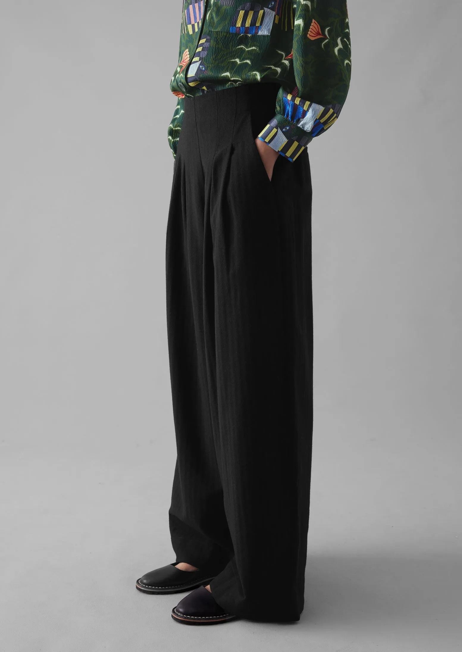 Corinne Wool Cotton Herringbone Wide Leg Pants | Black