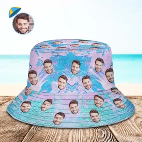 Custom Face Bucket Hat Unisex Personalised Wide Brim Outdoor Summer Hats Blue and Pink Oil Painting Style