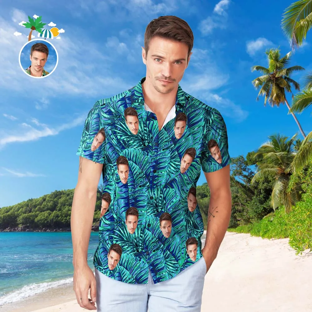 Custom Face Hawaiian Shirt Men's Popular All Over Print Hawaiian Beach Shirt Holiday Gift - Green Leaf