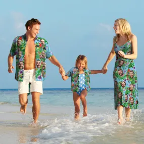 Custom Face Hawaiian Style Colorful Parrot Long Dress And Shirt Family Matching