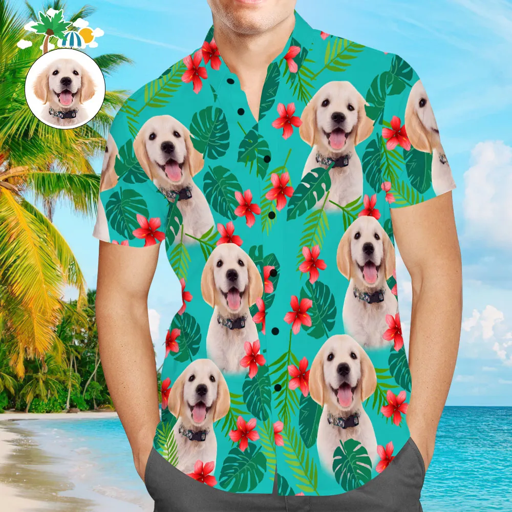 Custom Face Men Hawaiian Shirts Personalised Dog Face on a Hawaiian Shirt for Pet Lover - Green