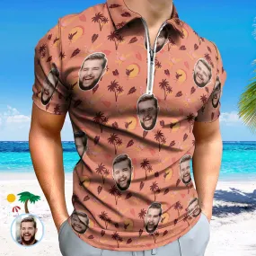 Custom Flamingo Tropical Sunset Men's Polo Shirt Personalised Face Funny Polo Shirt with Zipper