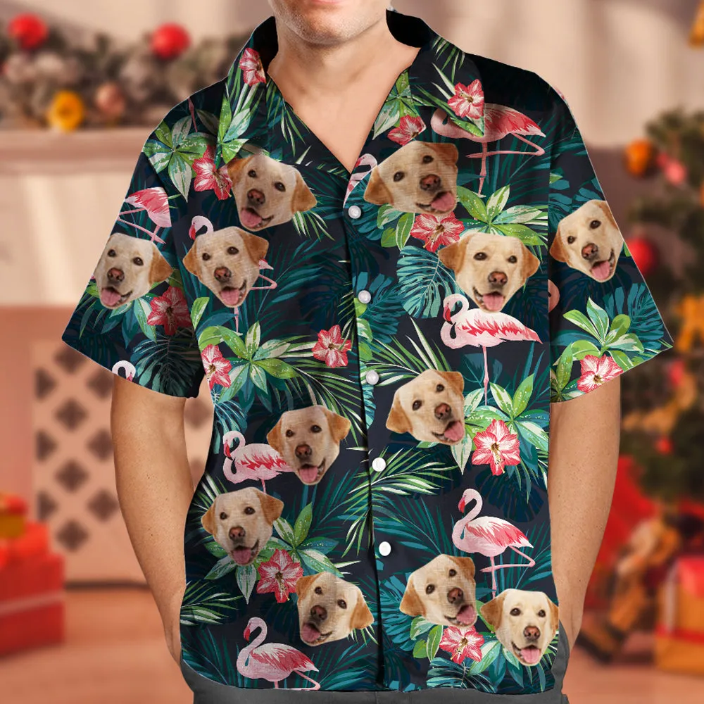 Custom Hawaiian Shirt with Face Custom Dog Face Shirt Leaves & Flamingo Button Down Shirts Gifts for Pet Lover