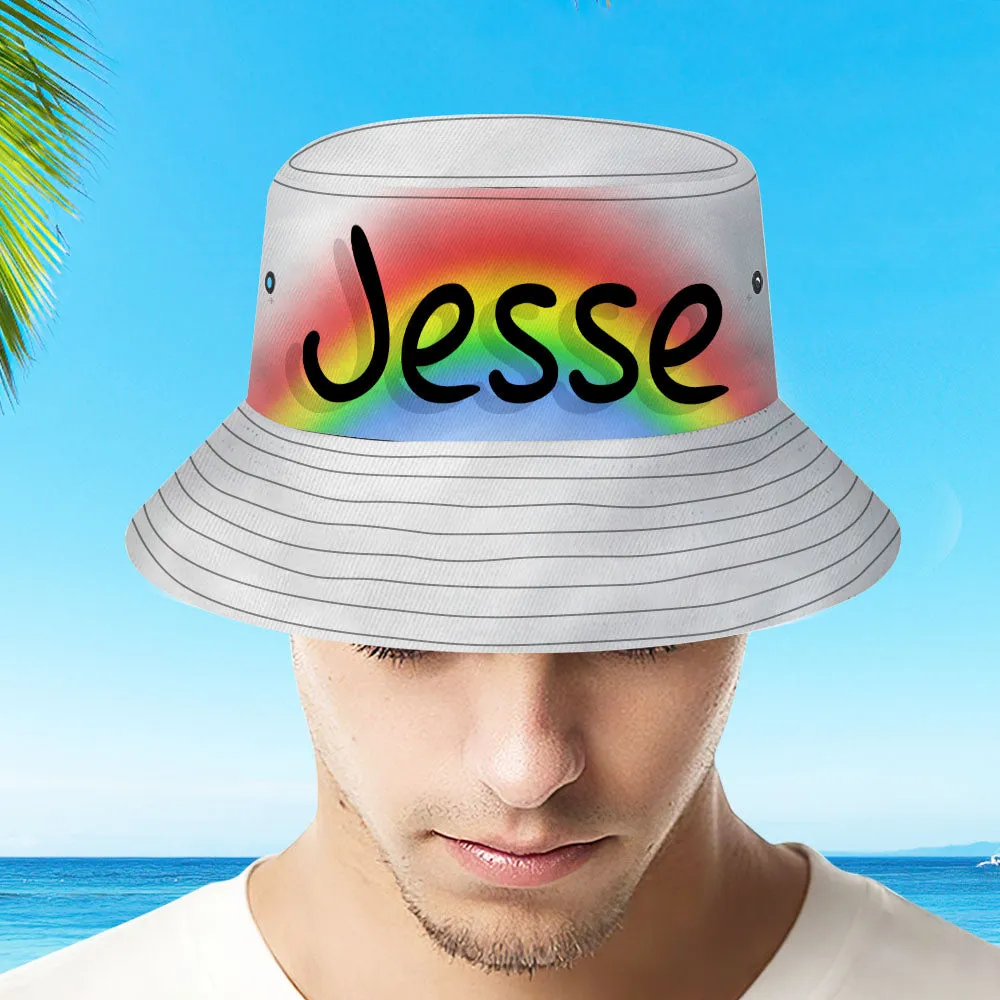 Custom Name Bucket Hat Adult & Kids Unisex Bucket Hat with Text Personalised Wide Brim Outdoor Summer Cap Hiking Beach Sports Hats - Rainbow