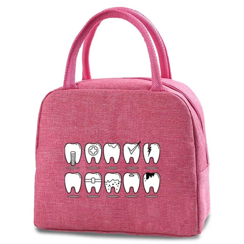 Dentist Multi Tooth Prints Pink Insulated Heat Lunch Bag