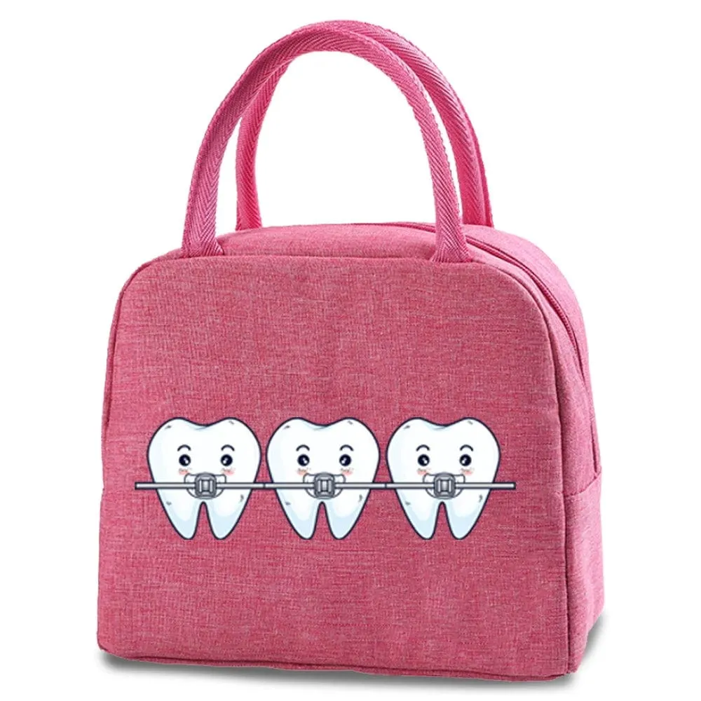 Dentist Multi Tooth Prints Pink Insulated Heat Lunch Bag