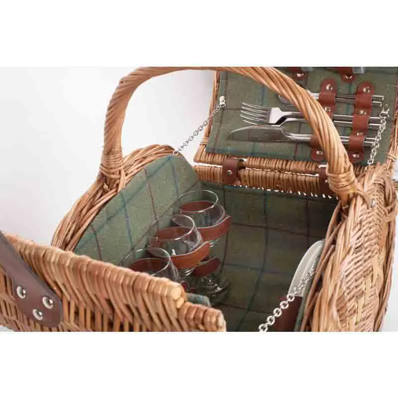 Four Person Oval Picnic Basket Hamper Fully Fitted in Green Tweed by Willow