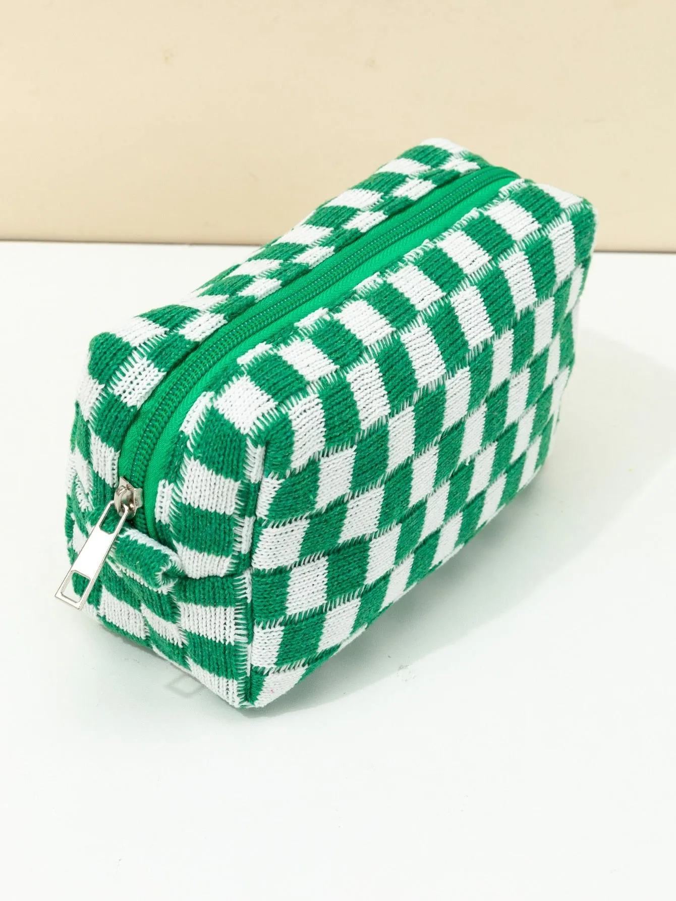 Green And White Plaid Knitted Soft Makeup Bag Cosmetic Organizer Toiletries Bag