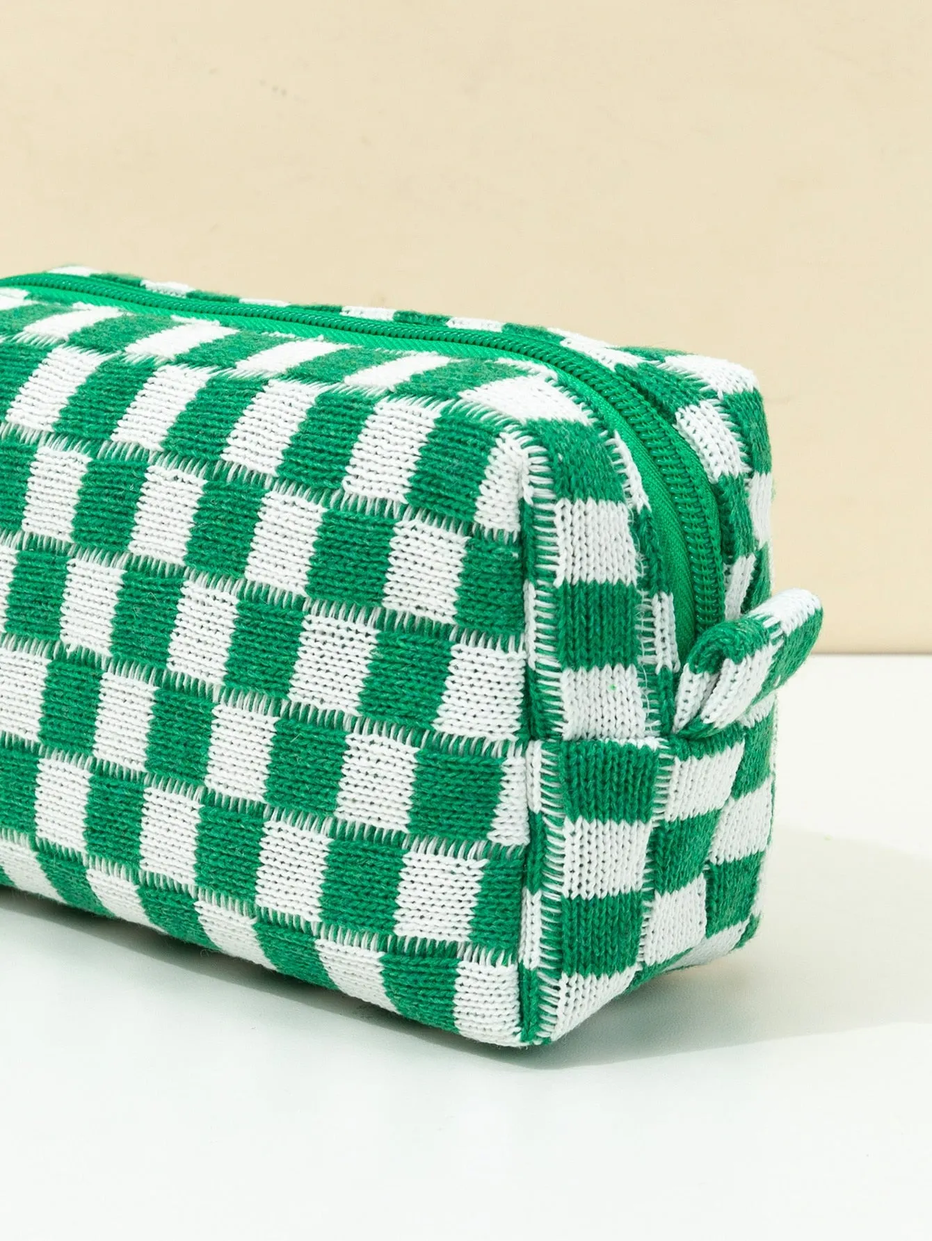 Green And White Plaid Knitted Soft Makeup Bag Cosmetic Organizer Toiletries Bag