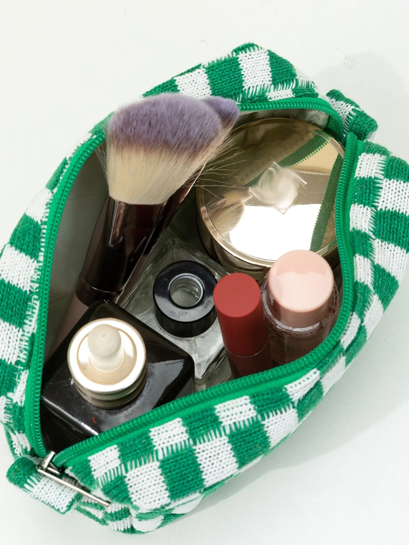 Green And White Plaid Knitted Soft Makeup Bag Cosmetic Organizer Toiletries Bag