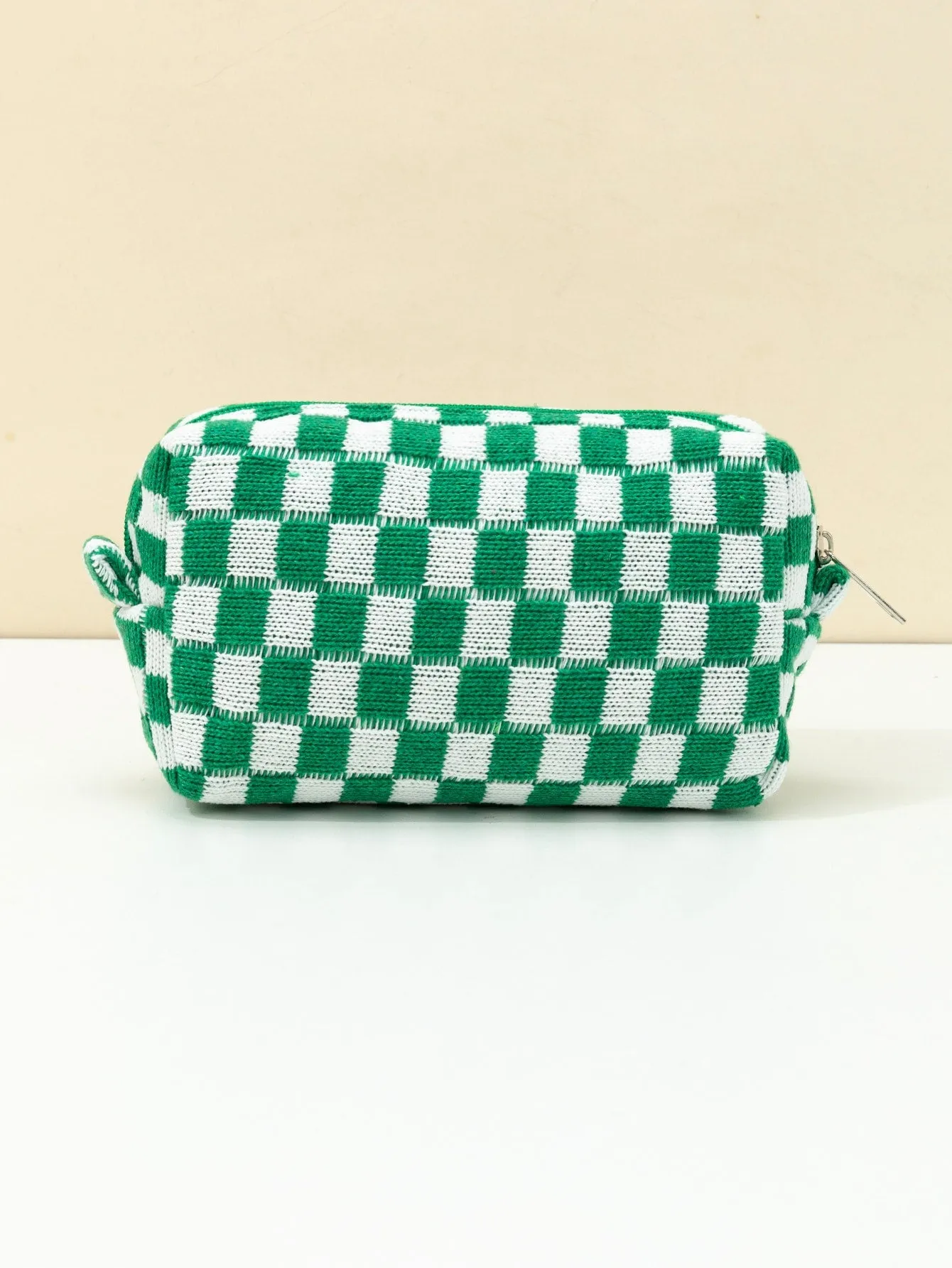 Green And White Plaid Knitted Soft Makeup Bag Cosmetic Organizer Toiletries Bag