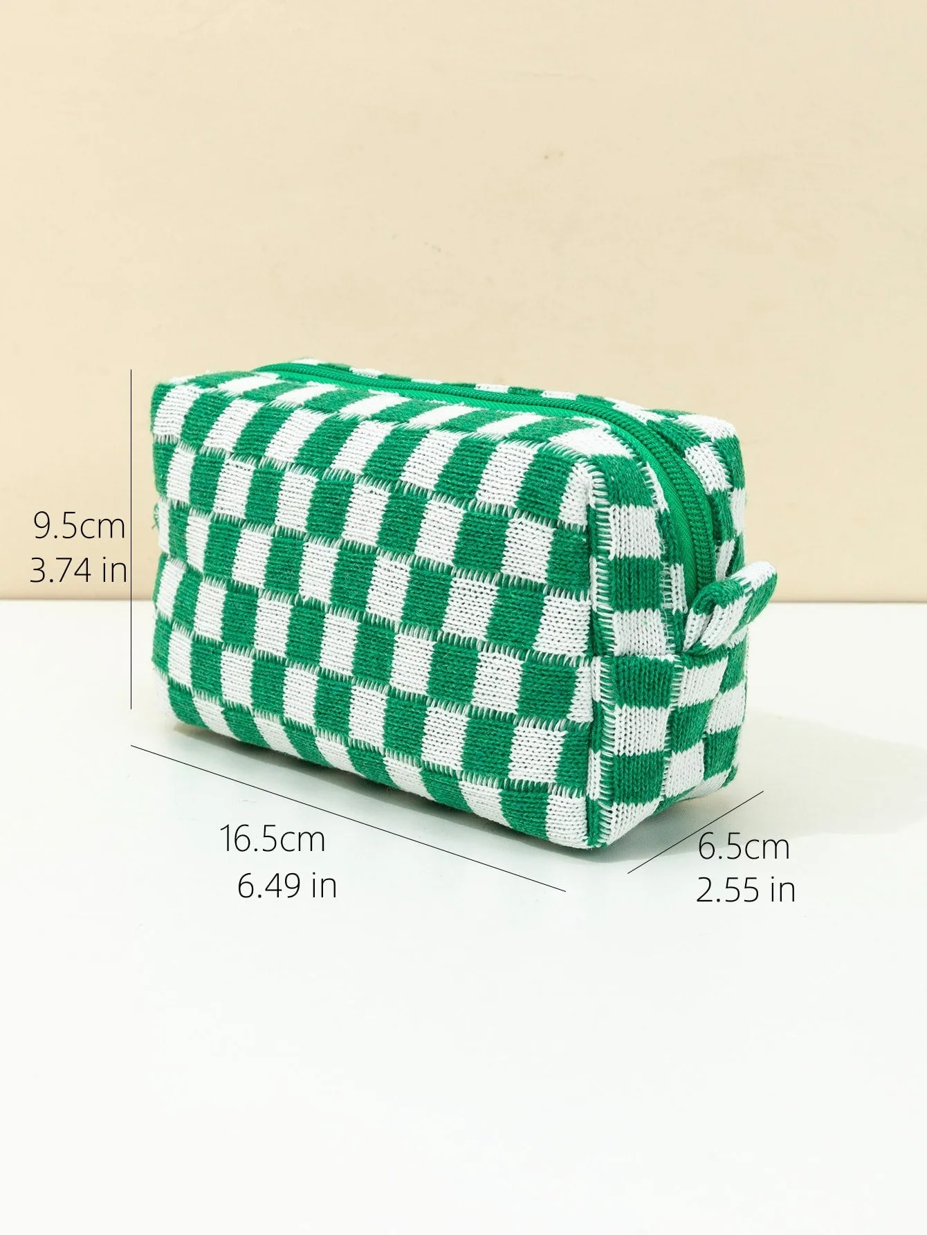 Green And White Plaid Knitted Soft Makeup Bag Cosmetic Organizer Toiletries Bag