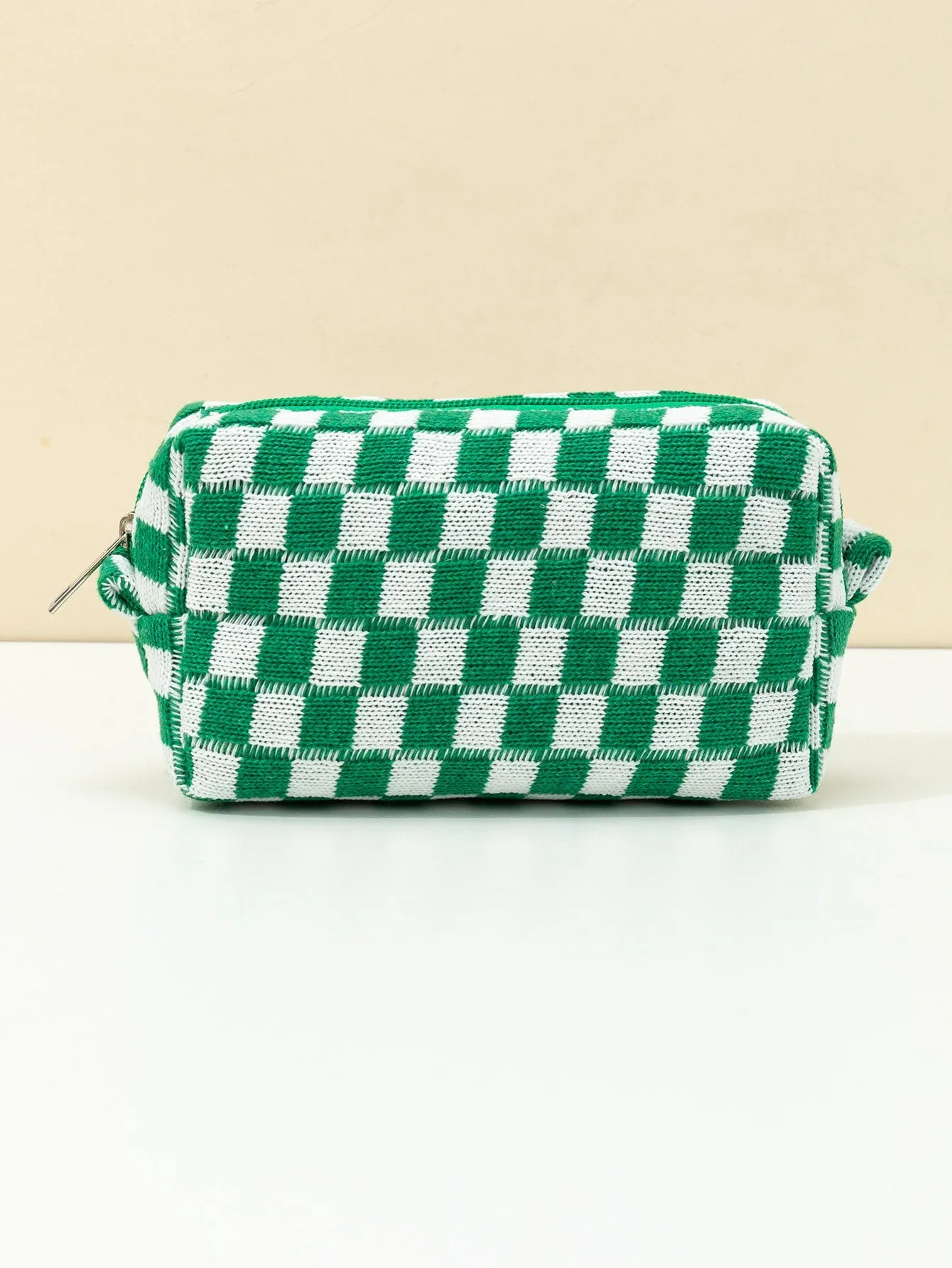 Green And White Plaid Knitted Soft Makeup Bag Cosmetic Organizer Toiletries Bag