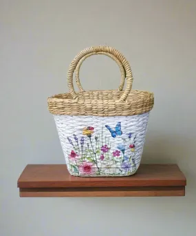 Handwoven floral printed straw Kauna Picnic bag-basket