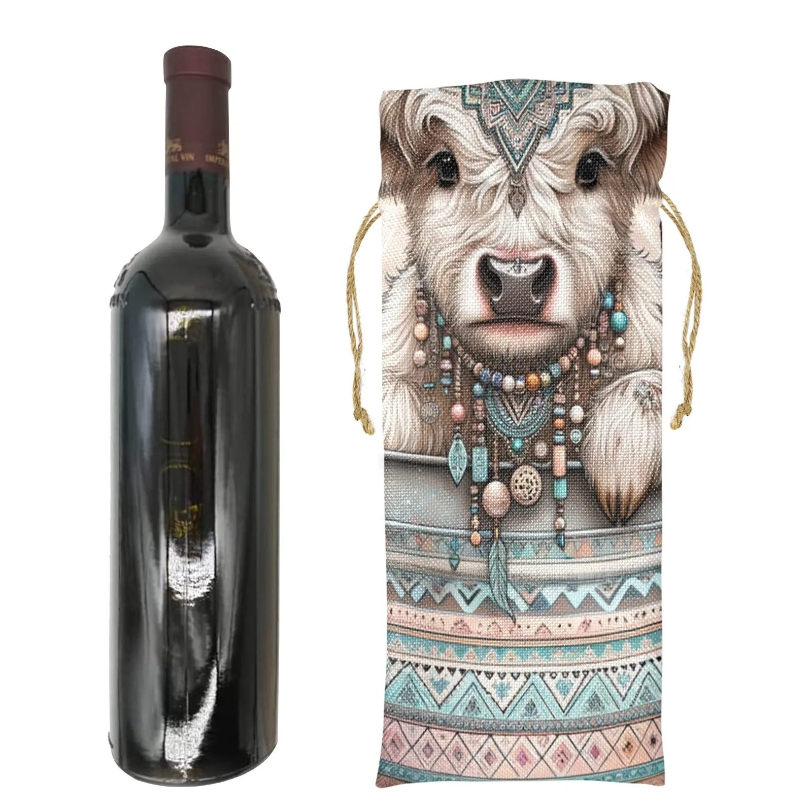 Highland Cow awd704 Linen Wine Bottle Bag