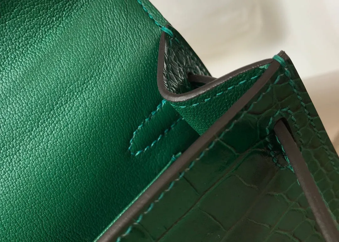 HM Mini Kelly 19 Green Crocodile Bag For Women, Handbags, Shoulder Bag 7.5in/19cm